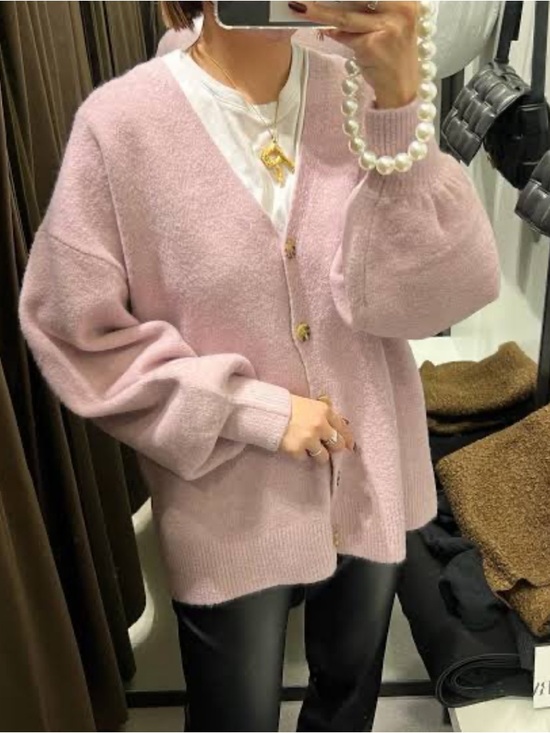 Zara Oversized Balloon Sleeve Button Up Cardigan Sweater Pink - Picture 4 of 10